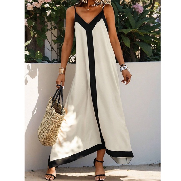 Beige Maxi Dress Black Trim V-Neck Cami A-Line Loose Flared Fit - Picture 2 of 6